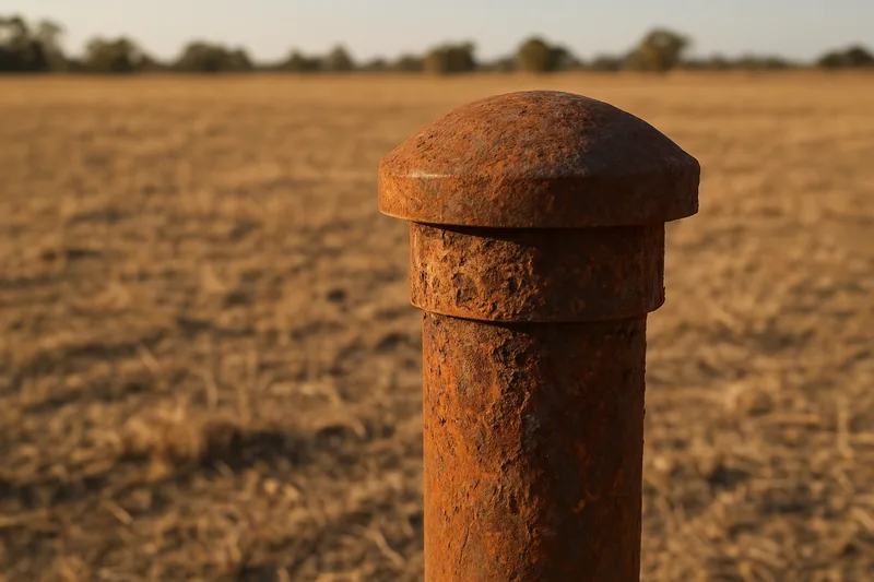 A rusted old bore casing, capped, in a bare paddock — closing down an old bore, Griffith. Illustrative example.