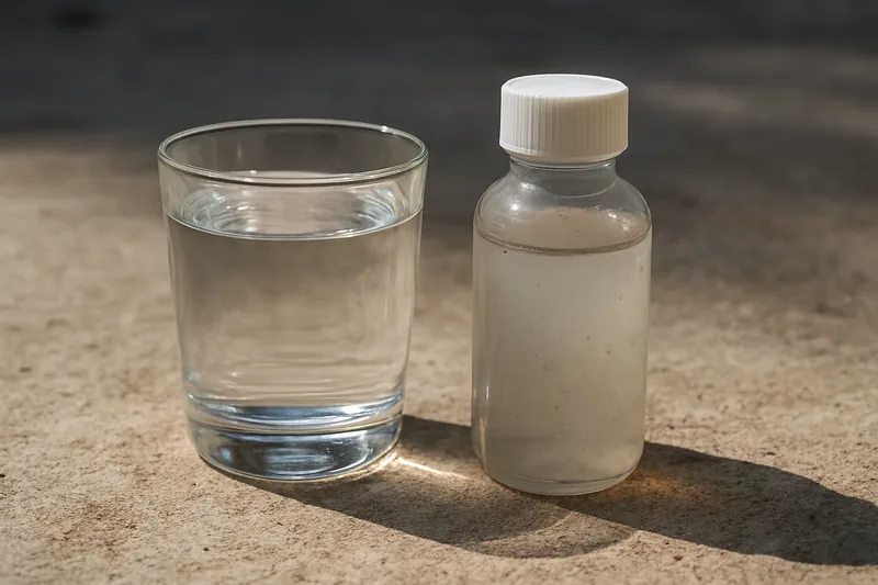 A clear glass and a sealed sample bottle side by side on a bench — is your bore water safe, Griffith. Illustrative example.
