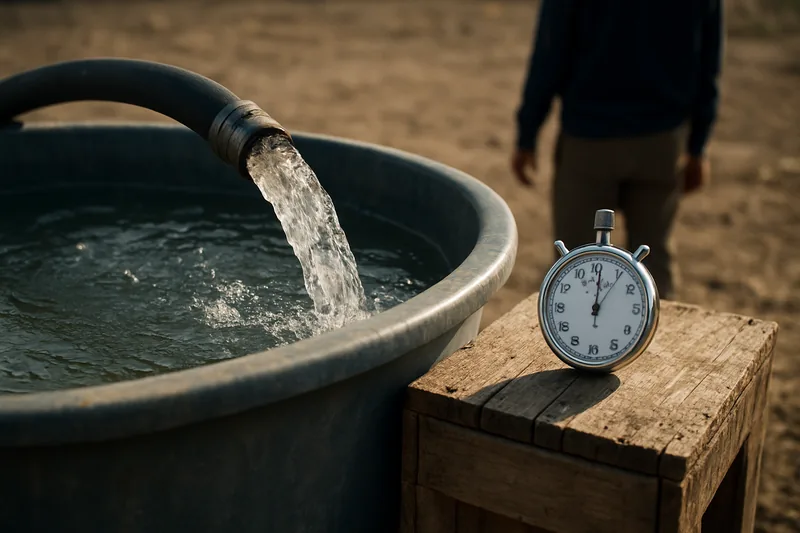 A hose from a bore into a large container with a stopwatch on a crate — testing a new bore, Griffith. Illustrative example.