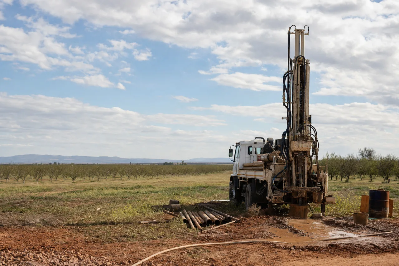 A small drilling rig on flat farmland with orchard rows in the distance — water bore drilling, Griffith. Illustrative example.