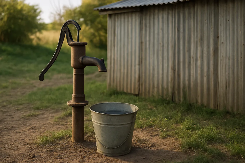 A hand pump fitted to a short bore casing beside a farm shed with a bucket under the spout — bores for the home and garden, Griffith. Illustrative example.