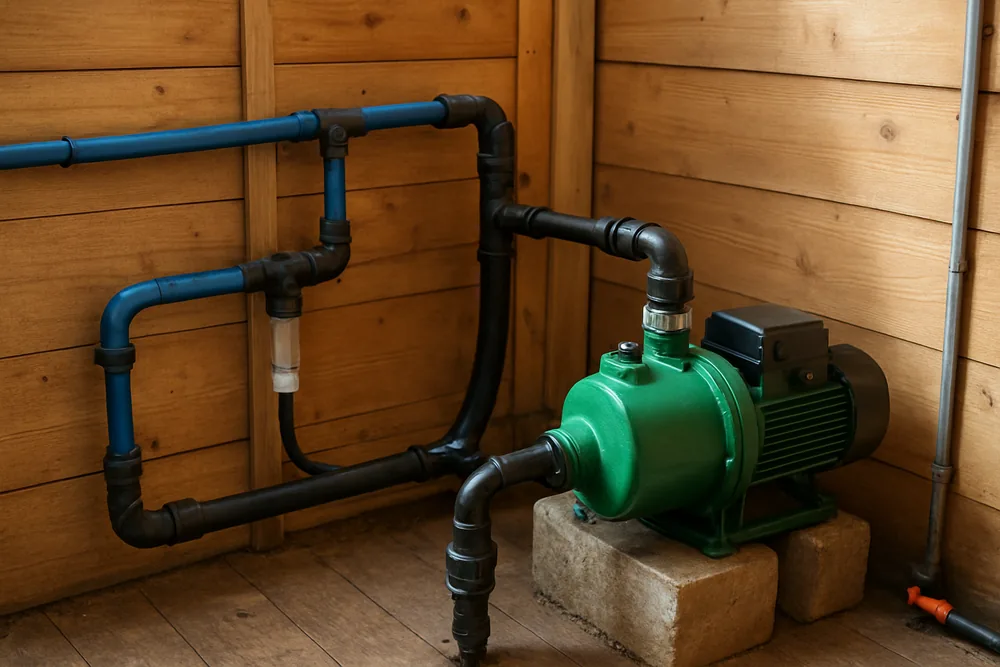 Tidy poly pipework and a pump inside a small garden shed — bores for the home and garden, Griffith. Illustrative example.