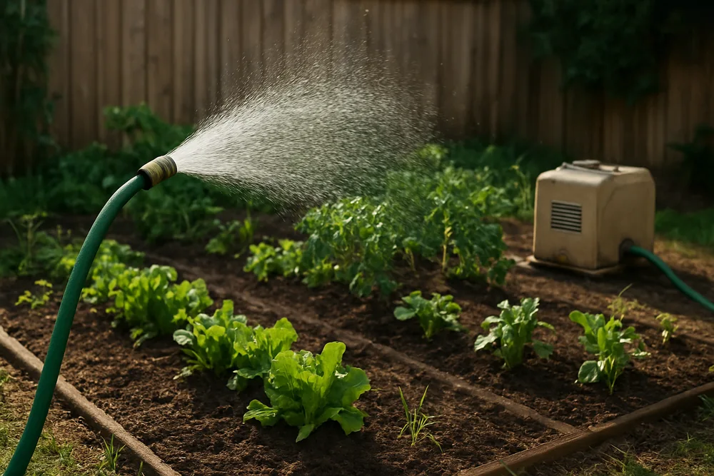 A hose watering a backyard vegetable patch with a small pump housing at the edge — bores for the home and garden, Griffith. Illustrative example.