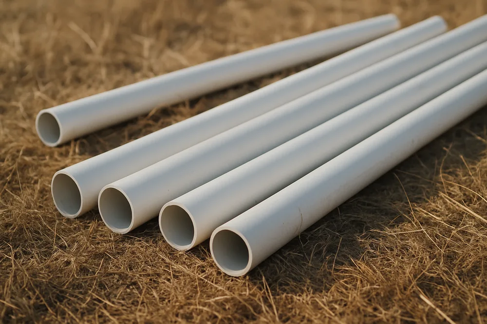 Lengths of white casing pipe laid in dry grass — getting a bore approved, Griffith. Illustrative example.