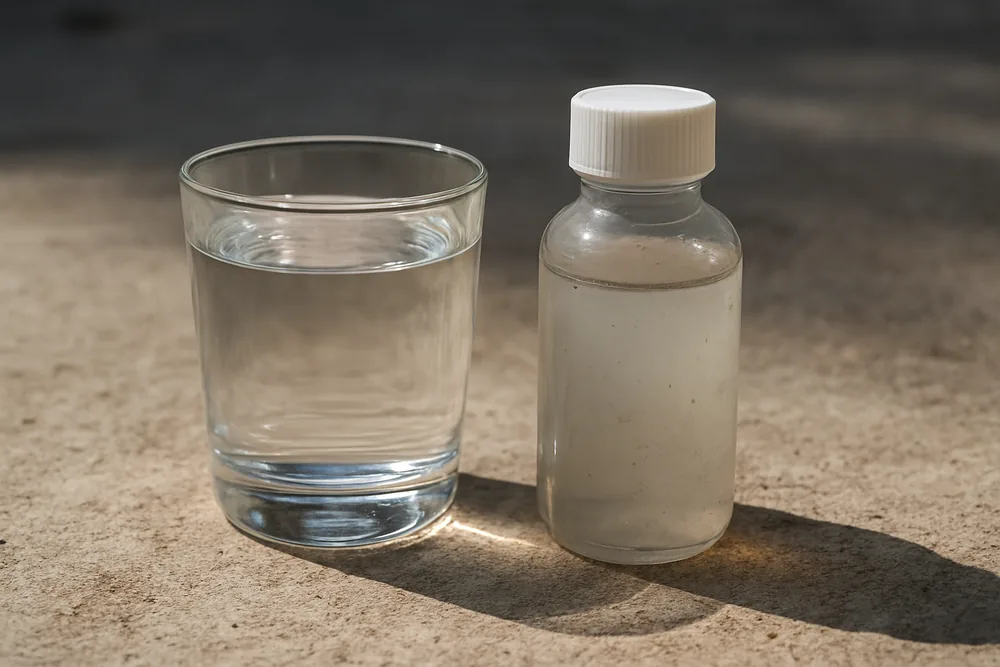 A clear glass and a sealed sample bottle side by side on a bench — is your bore water safe, Griffith. Illustrative example.