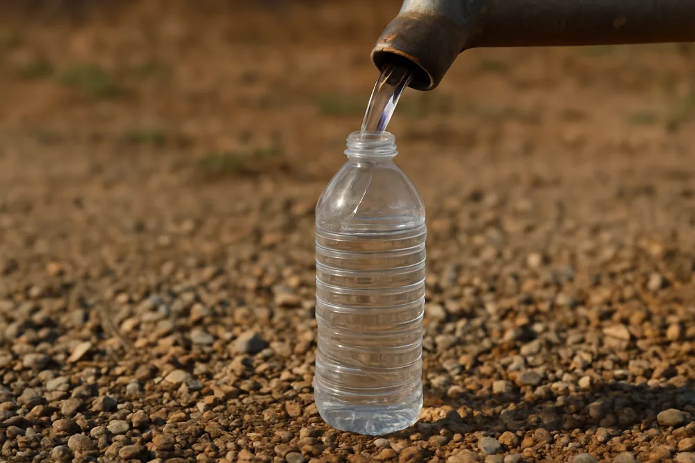 A sample bottle held under a bore outlet over a gravel pad — is your bore water safe, Griffith. Illustrative example.