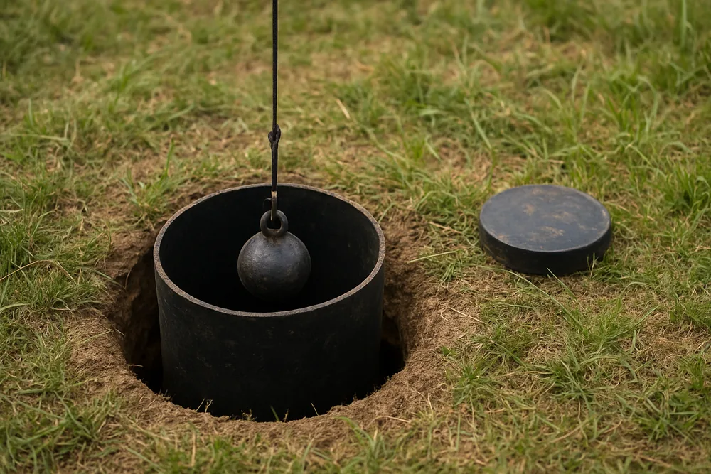 A weighted line hanging into an open bore casing with the cap lying on the grass beside it — testing a new bore, Griffith. Illustrative example.