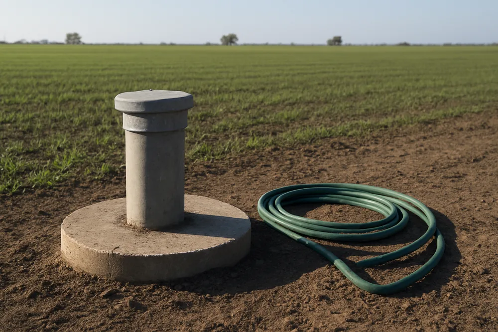 A short bore casing with a sealed cap in a small concrete collar in a flat paddock — testing a new bore, Griffith. Illustrative example.
