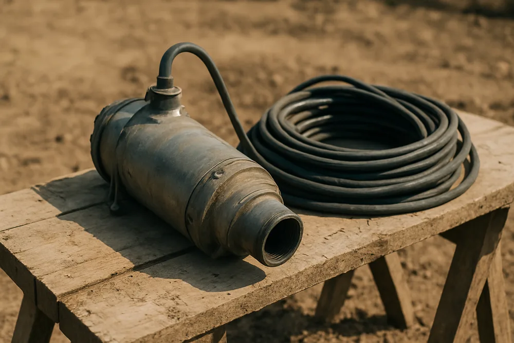 A submersible pump lying on a trestle beside coiled cable — testing a new bore, Griffith. Illustrative example.