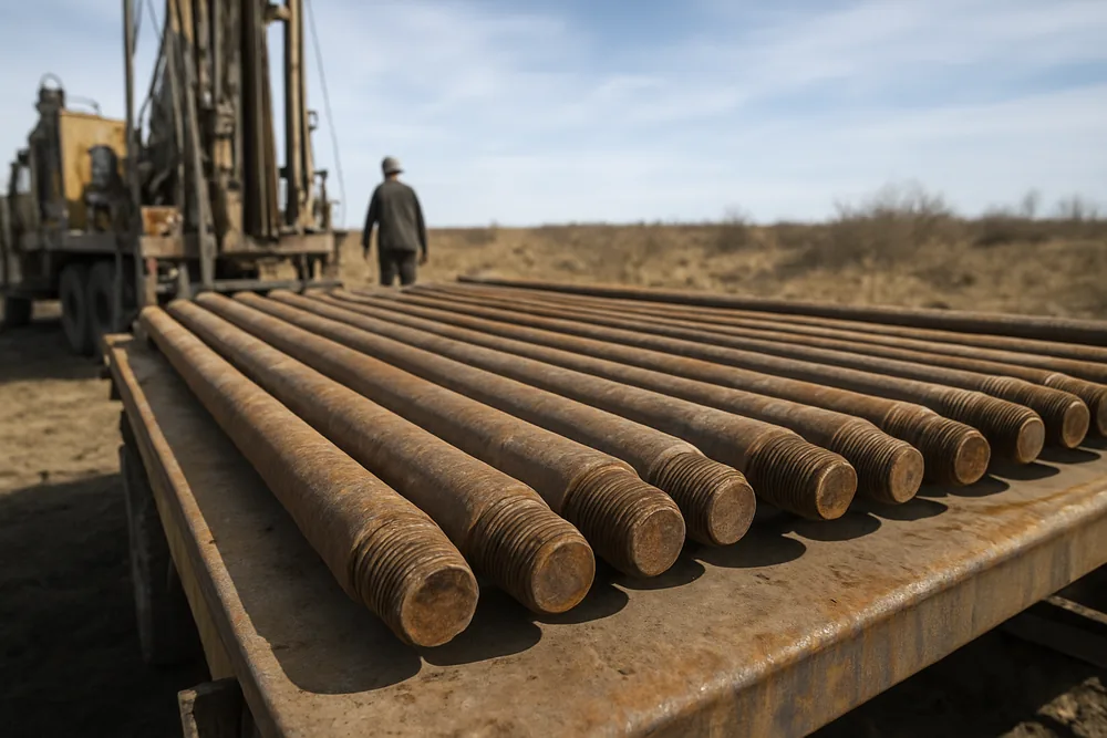 Drill rods stacked on a trailer beside a rig — water bore drilling, Griffith. Illustrative example.