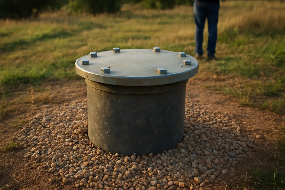 A new bore head with a bolted lid on a small gravel pad — water bore drilling, Griffith. Illustrative example.