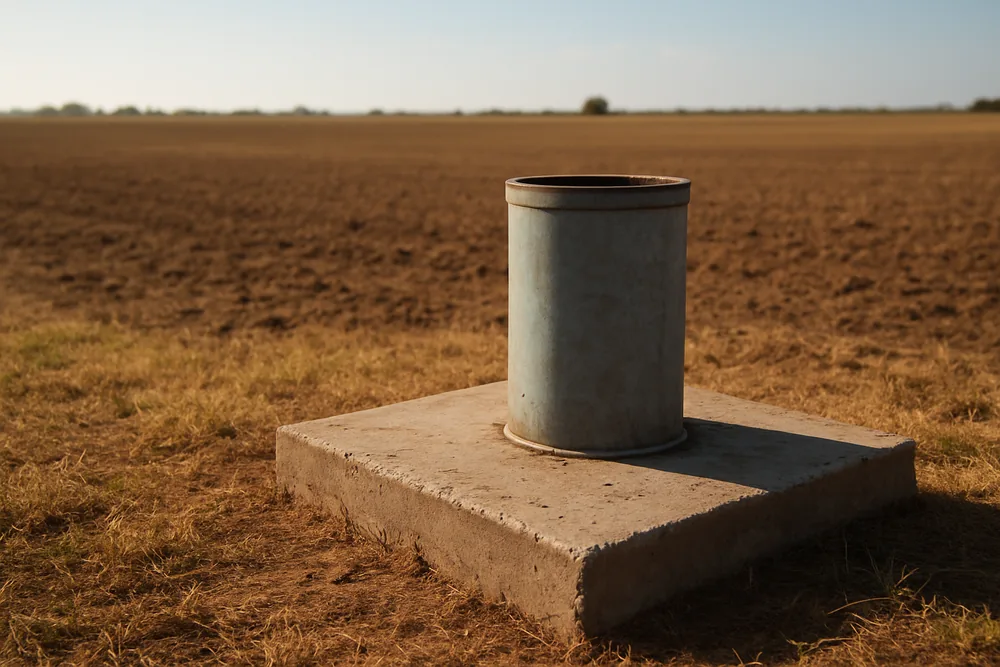 A bore casing standing high above the grass on a square concrete collar at the edge of flat farmland — water bore drilling, Griffith. Illustrative example.